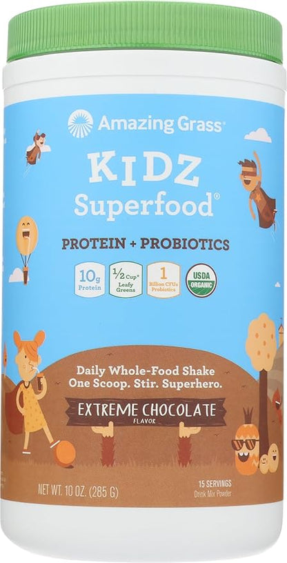 Amazing Grass Kidz Superfood: Vegan Protein & Probiotics for Kids with Beet Root Powder & 1/2 Cup of Leafy Greens, Extreme Chocolate, 15 Servings