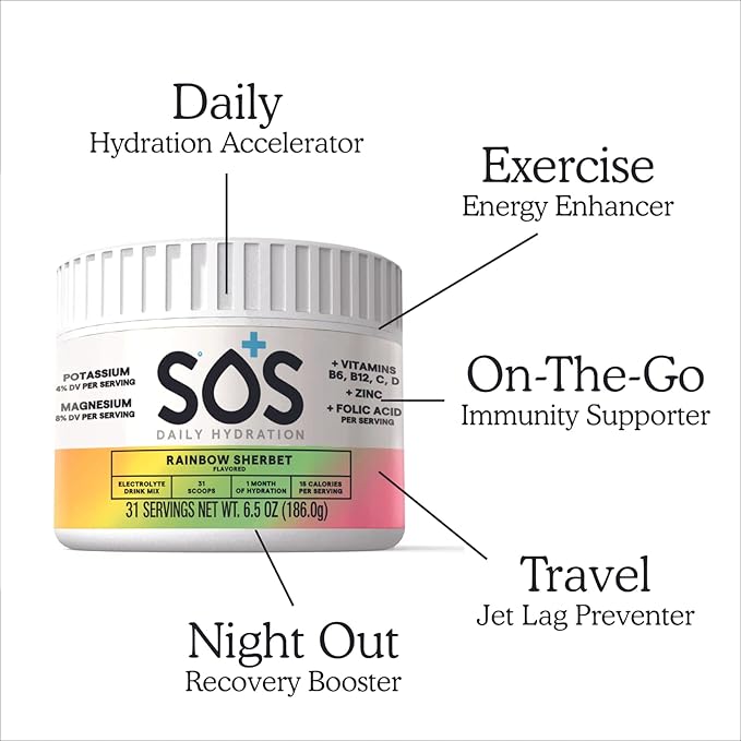 SOS Hydration Electrolyte Powder, Rainbow Sherbert Flavor, 31 Servings – Low-Calorie, Zero Sugar, Rapid Rehydration, Made in USA, Keto & Vegan Friendly
