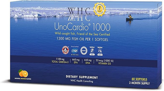 UnoCardio 1000 Fish Oil, 1300 mg Omega-3 (1180 (1180 mg), 665 mg 445 mg 25 mcg (1000 IU) D3 per 60 softgels