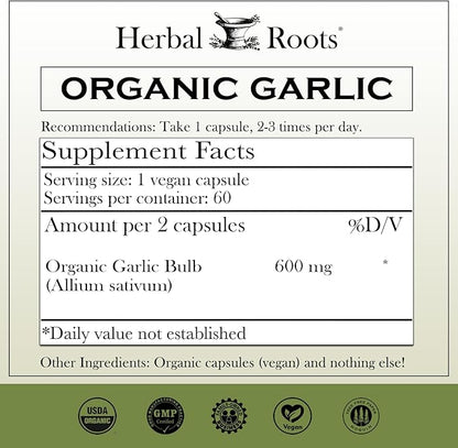 Herbal Roots Organic Whole Bulb Garlic Pills 600 mg 60 Organic