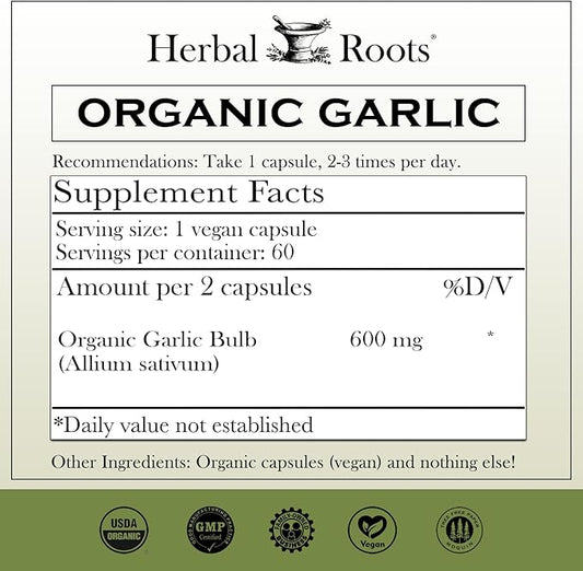 Herbal Roots Organic Whole Bulb Garlic Pills 600 mg 60 Organic