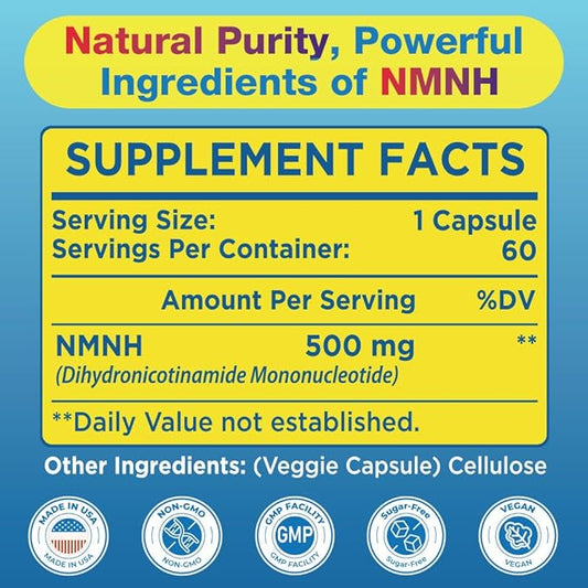 NMNH (Dihydronicotinamide Mononucleotide) 500mg Per Serving, NMNH NAD Supplement to Boost NAD+ Levels As We Age, NAD Plus Supplement for Anti Aging, Energy, Immune, Focus, Pure Organic - 240 Capsules