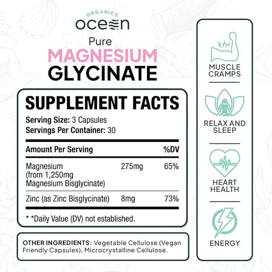 Pure Magnesium Glycinate with Zinc - Maximum Strength Chelated Magnesium Supplement for Women and Men for Muscle Cramps and Sleep Support - 90 Capsules