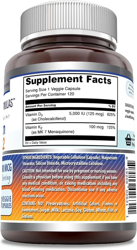 Amazing Formulas Vitamin D3 5000 IU with Vitamin K2 100 Mcg | 120 Veggie Capsules Supplement | Non-GMO | Gluten Free | Made in USA