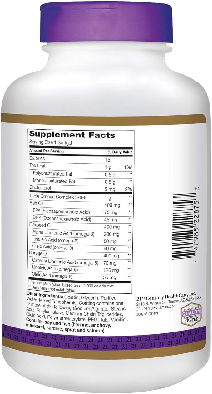 21st Century Dietary Supplement Triple Omega 3-6-9 Enteric 180-Count Bottles 2)