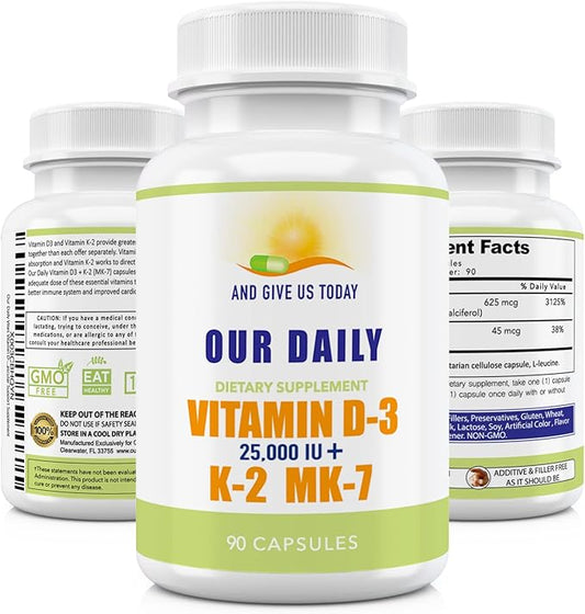 Our Daily Vites Vitamin D-3 25,000 IU + K2 - High Potency D3 with Vitamin K Bone, Immune, Mood + Cardiovascular Support Supplement