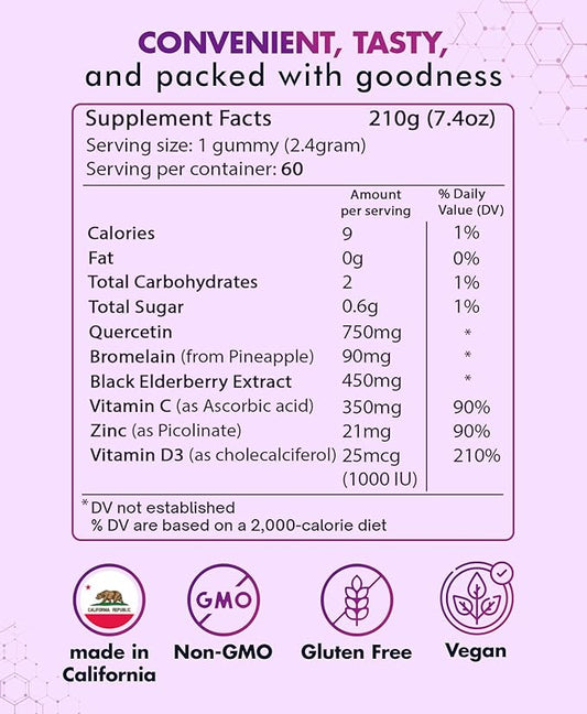 BIO VITALICA Quercetin Gummies by BioVitalica - Quercetin with Bromelain Vitamin C and Zinc & Elderberry + Vitamin D3-5 in 1 Immune Support - Zinc Quercetin 750 mg for Kids and Adults (1)