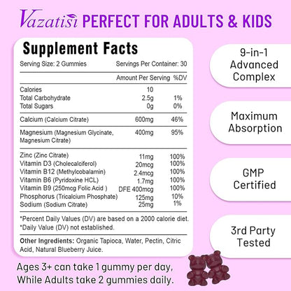 2 Pack Calcium Magnesium Zinc Gummies D3 & B12, Sugar