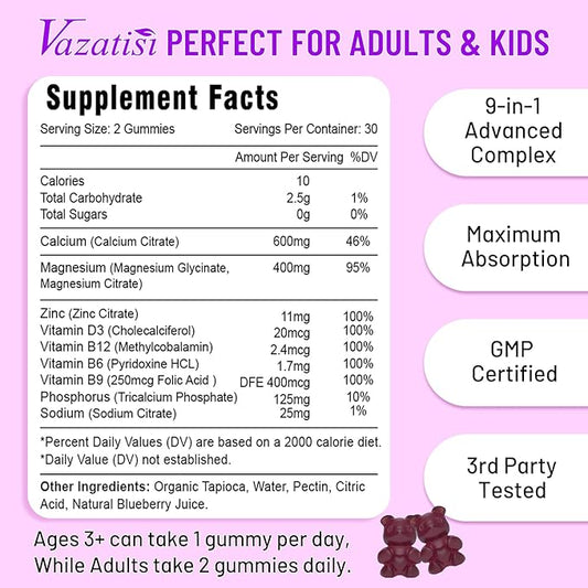 2 Pack Calcium Magnesium Zinc Gummies D3 & B12, Sugar