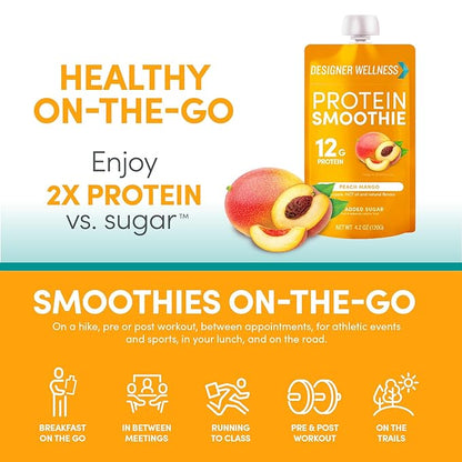 Designer Wellness Protein Smoothie, Real Fruit, 12g Protein, Low Carb, Zero Added Sugar, Gluten-Free, Non-GMO, No Artificial Colors or Flavors, Peach Mango, 24 Count