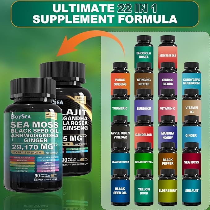 Boysea.Sea Moss and shilajit Bundle - 90 Count - Sea Moss 7000mg, Black Seed Oil 4000mg, Ashwagandha 2000mg, Ginger & Shilajit 9000mg, Rhodiola Rosea 1000mg, All in 1 Supplements (1 Pack)