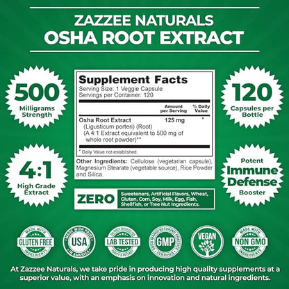 Zazzee OSHA Root 4:1 Extract, 500 120 Vegan 4 Month 4X Extract, 100% Vegetarian,