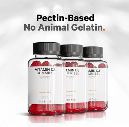 Codeage Vitamin D3 Gummy Vitamins, Vitamin D3 5000 IU Gummies Cholecalciferol 125 mcg, Soft Pectin-Based, Animal Gelatin-Free Gummy, Gummies Vitamins, Tasty Strawberry, Non-GMO - 2-Pack