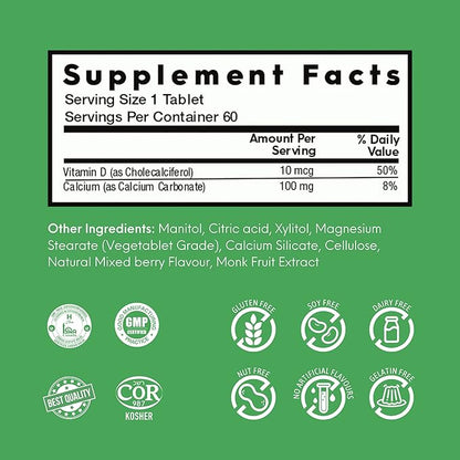 Vitamin D3 1000 IU – Supports Stronger Bones & Teeth, Boost Immunity Vitamins, Prevents Inflammation, Quick Dissolving Tablets, Mouthwatering Mixed Berry Flavor (60 Tablets)