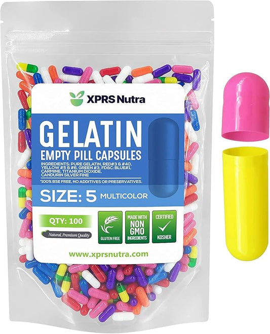 XPRS Nutra Size 5 Empty Capsules - 100 Count Very Small Empty Gelatin Capsules - Empty Pill Capsules - DIY Capsule Filling - Fillable Pill Capsules Empty Gel Caps (Multi Color)