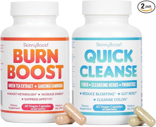 SkinnyBoost Quick Cleanse and Green Tea Vegan Capsules Kit- 60 Ct/Bottle-Reduce Bloating, Colon Cleanse, Gut Reset, Weight Support- Made in The USA (120 Capsules)