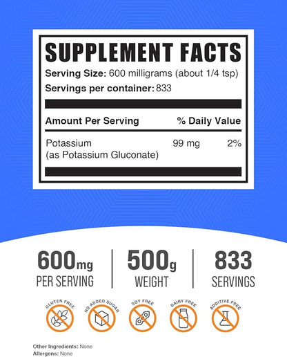 BulkSupplements.com Potassium Gluconate Powder - Potassium Supplement, Potassium Gluconate Supplement, Potassium Powder - Gluten Free, 600mg per Serving (99mg Potassium), 500g (1.1 lbs)