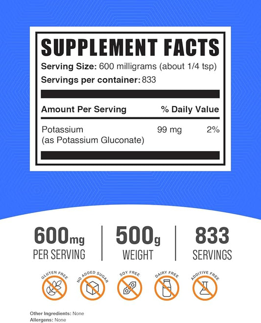 BulkSupplements.com Potassium Gluconate Powder - Potassium Supplement, Potassium Gluconate Supplement, Potassium Powder - Gluten Free, 600mg per Serving (99mg Potassium), 500g (1.1 lbs)