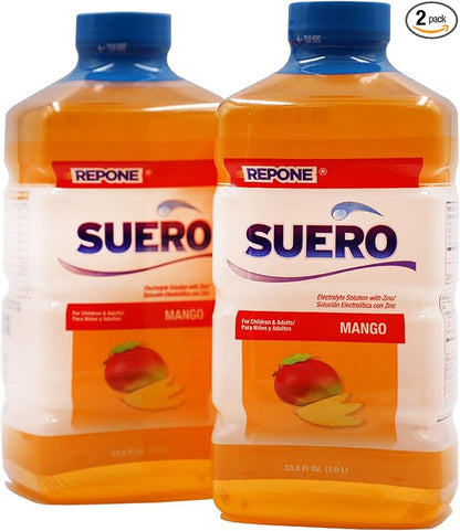 SUERO Electrolyte Solution with Zinc, Rehydrates, Restores Minerals and Nutrients, Mango Flavor, 33.8 Fl Oz (Pack of 2)