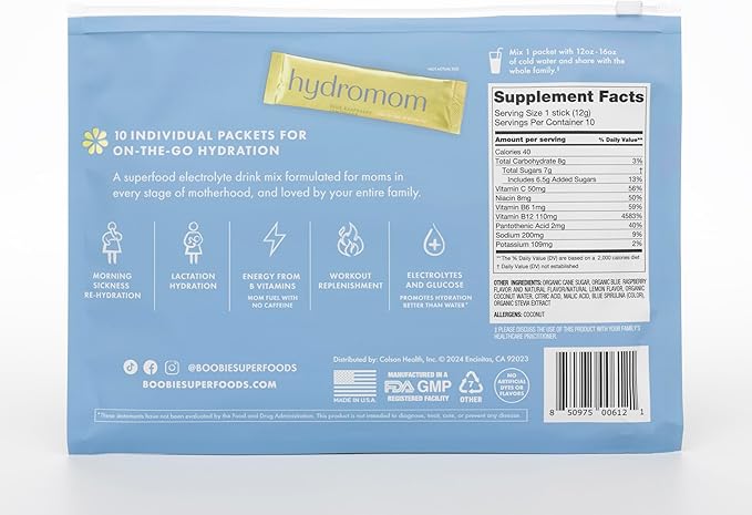 Boobie Hydromom Superfood Electrolyte Drink Mix, Blue Raspberry Lemonade | Refreshing Energy & Hydration Boost for Mamas | On-The-Go & Travel Essentials for Pregnancy, Lactation, & Beyond, 10 Packets