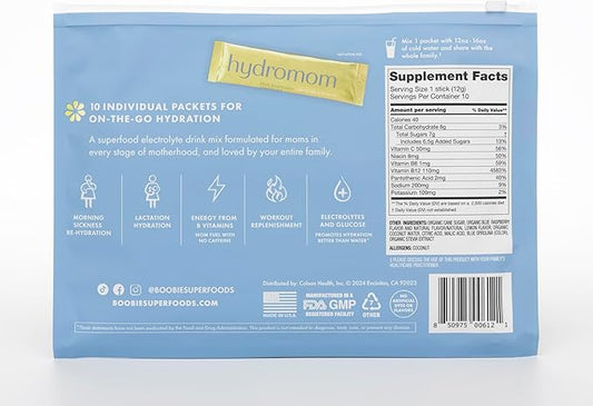 Boobie Hydromom Superfood Electrolyte Drink Mix, Blue Raspberry Lemonade | Refreshing Energy & Hydration Boost for Mamas | On-The-Go & Travel Essentials for Pregnancy, Lactation, & Beyond, 10 Packets