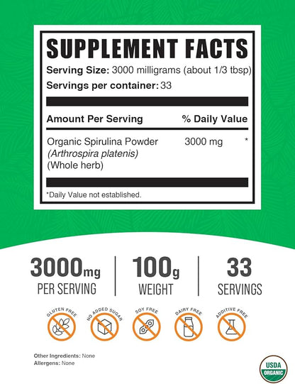 BulkSupplements.com Organic Spirulina Powder 3000mg per 100g (3.5 (3.5 oz) 1)