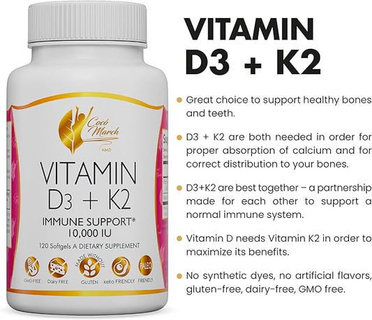 Coco March Vitamin D3+K2 10,000 IU 4 Month 250 mcg D3-180 mcg K2