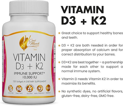 Coco March Vitamin D3+K2 10,000 IU 4 Month 250 mcg D3-180 mcg K2