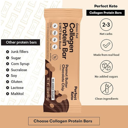 Perfect Keto Collagen Protein Bar, Gluten Free Grass Fed Collagen + MCT Oil, Low Carb, No Sugar Added, High Protein Snacks, Keto Diet Foods, 13g Protein, 18g Fat, 3g Net Carbs, Peanut Butter Chocolate Chip, 12 Bars