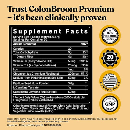 ColonBroom Premium Weight Management Supplement (Strawberry) - Colon Broom Psyllium Husk Fiber Powder Drink - Gluten Free, Non-GMO Colon Cleanse for Bloating Relief & Gut Health, 50 Servings