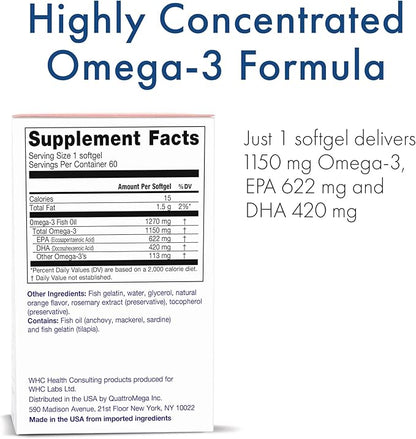 UnoCardio X2 Fish Oil, Triglyceride Omega-3 1270 mg (622 mg 420 mg 1150 mg Omega-3 per 60 softgels