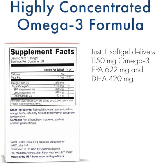UnoCardio X2 Fish Oil, Triglyceride Omega-3 1270 mg (622 mg 420 mg 1150 mg Omega-3 per 60 softgels
