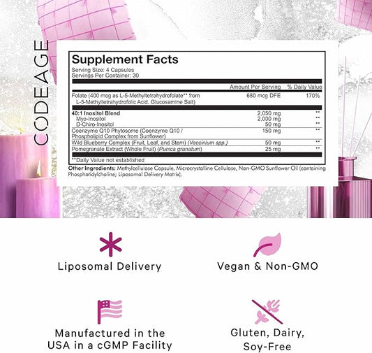 Codeage Liposomal Ovarian Inositol+ Supplement - Myo-Inositol & D-Chiro-Inositol 40:1 Blend, Folate 5-MTHF, CoQ10, Pomegranate & Wild Blueberry, Liposomal Delivery, Non-GMO, Gluten-Free - 120 Capsules