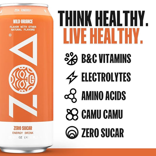 ZOA Zero Sugar Energy Drinks, Wild Orange - Sugar Free with Electrolytes, Healthy Vitamin C, Amino Acids, Essential B-Vitamins, and Caffeine from Green Tea - 16 Fl Oz (12-Pack)