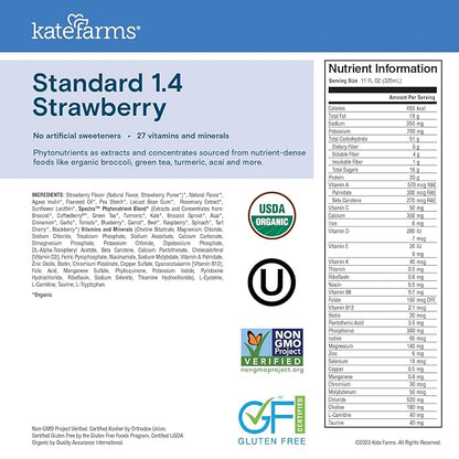 KATE FARMS Organic 1.4 High Calorie 20g Protein, 27 Vitamins 11 oz (12 Pack)