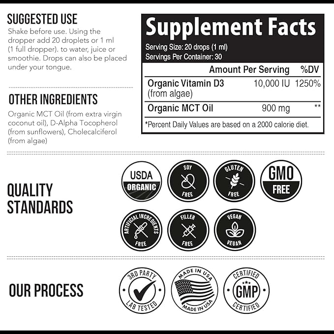 Organic Vitamin D3 10,000 IU - Plant D3, Vegan, Max Strength Sublingual Liquid D3 Drops - 200% Higher Absorption, 100% Plant-Based Cholecalciferol Form & Vegan D3, Adjustable Dosing (1oz - 2 Pack)