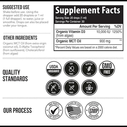 Organic Vitamin D3 10,000 IU - Plant D3, Vegan, Max Strength Sublingual Liquid D3 Drops - 200% Higher Absorption, 100% Plant-Based Cholecalciferol Form & Vegan D3, Adjustable Dosing (1oz - 2 Pack)