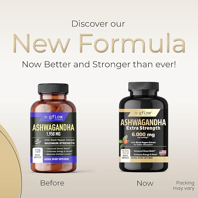 Ashwagandha Supplements - ashwagandha Powder Capsules Extra Strength 6000mg with Black Pepper | Mood Support, Focus, Energy Support | Vegan Friendly, Non-GMO, USA Made