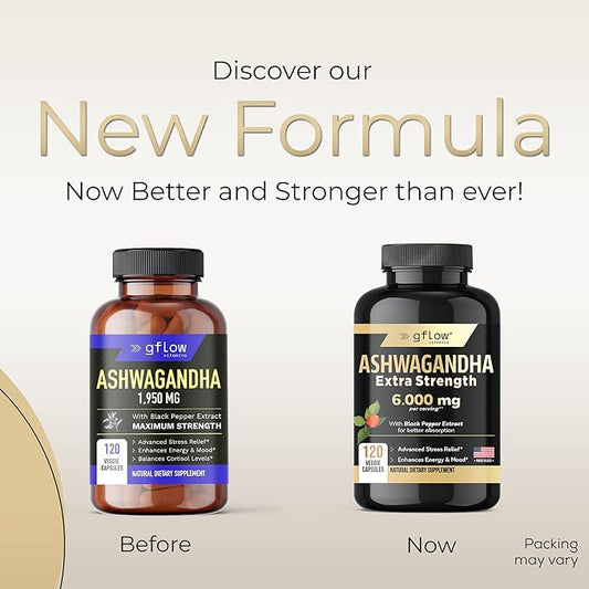 Ashwagandha Supplements - ashwagandha Powder Capsules Extra Strength 6000mg with Black Pepper | Mood Support, Focus, Energy Support | Vegan Friendly, Non-GMO, USA Made
