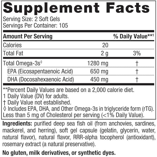 Nordic Naturals Ultimate Omega, Lemon Flavor 210 Soft 1280 mg Omega-3 - Omega-3 Fish 105 Servings