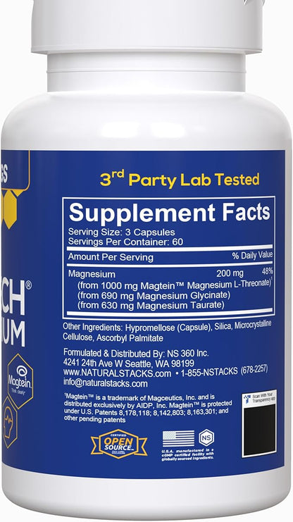 MagTech Magnesium Supplement - Chelated Magnesium Complex - 3 Forms of Magnesium: Magtein Magnesium L-Threonate, Glycinate & Taurate - Supports Relaxation & Brain Health*, 180 Magnesium Capsules