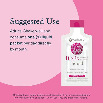 Youtheory Vitamin B12 B6, Daily Energy and Brain Support Supplement, Liquid Raspberry Flavor, 12 – 1oz Single Serving Packets