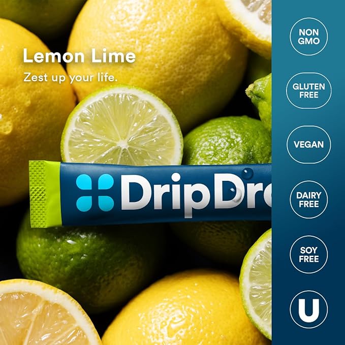 DripDrop Hydration - Lemon Lime - Electrolyte Drink Mix Single Serve Powder Packets | Non-GMO, Gluten Free, Vegan | 32 Sticks