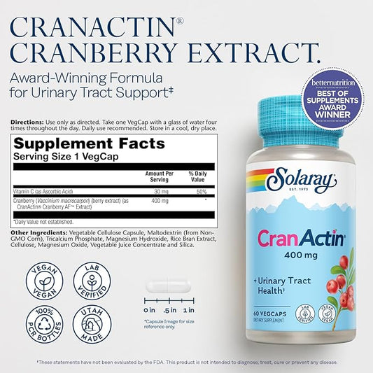 SOLARAY CranActin Cranberry Extract 400 mg - Cranberry Supplements for Women and Men - Bladder and Urinary Tract Health Support with Vitamin C - Vegan, 60-Day Guarantee, 60 Servings, 60 VegCaps
