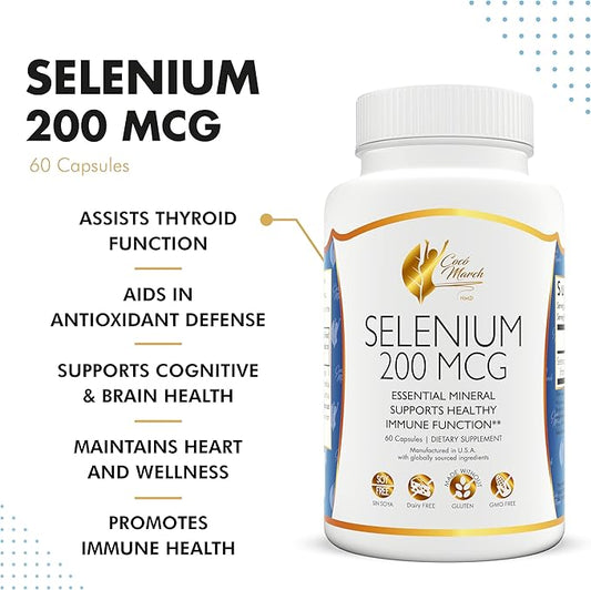 Coco March Selenium - Essential Mineral for Thyroid Health -200 mcg- 3 Month Supply -Gluten Free, Soy Free, Dairy Free, GMO Free, Vegan - 90 Capsules