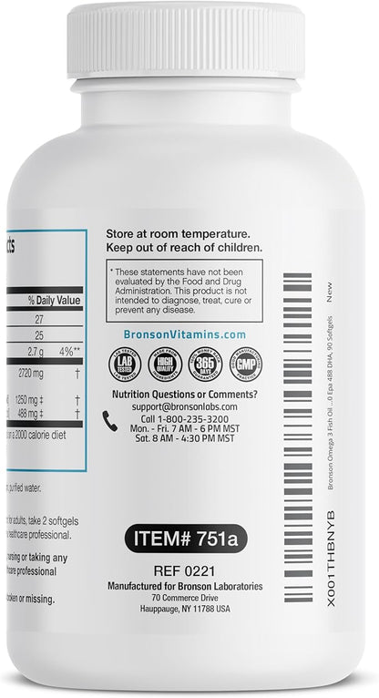 Bronson Omega 3 Fish Oil Triple 2720 mg, 1250 mg 488 mg, 90 Softgels