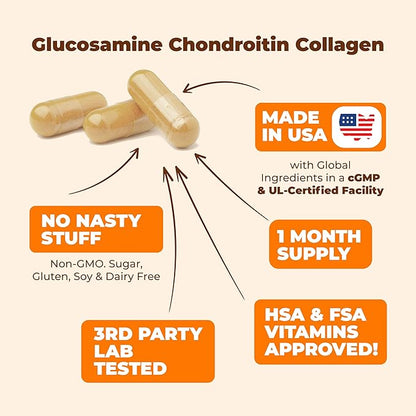 Glucosamine Chondroitin MSM with Collagen Powder. Joint Support Supplement. Bromelain, Quercetin, L-Methionine & Boswellia Extract capsules. Hair Skin and Nails Vitamins. FSA eligible. 120 caps