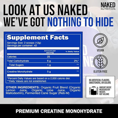 Naked Pure Micronized Lemon Lime Creatine Monohydrate - 42 Servings - 500 Grams, 1.1Lb Bulk, Vegan, Non-GMO, Gluten Free, Soy Free. Aid Strength Gains, No Artificial Ingredients Creatine