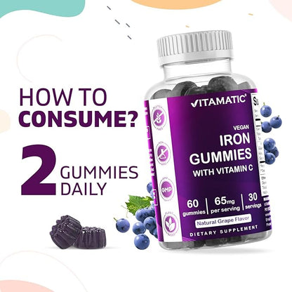 Vitamatic Iron 65 mg Gummies Supplement for Women & Men - 60 Vegan Gummies - Great Tasting Iron Gummy Vitamins with Vitamin C (3)