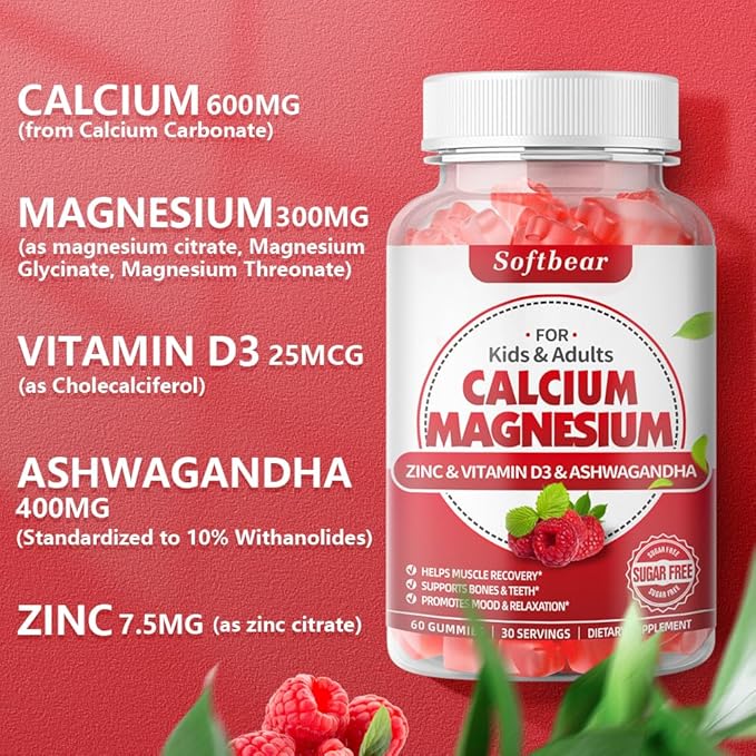Calcium Magnesium Zinc Gummies for Women, 600 mg D3 for 60 Gummies